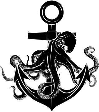 black silhouette of octopus and ship anchor isolated illustration, vector