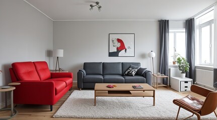 Modern Living Room with Red and Gray Furniture on Wooden Floor