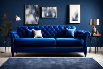 Luxurious Blue Living Room with Modern Art and Gold Accents - obrazy, fototapety, plakaty