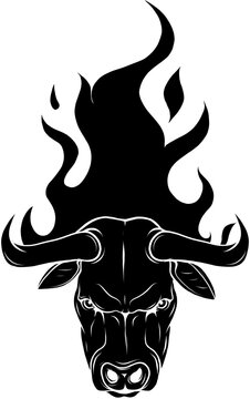 vector black silhouette of head bull with flames on white background