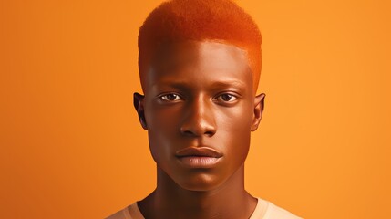 Portrait of an elegant sexy smiling African man with dark and perfect skin and red hair, on an orange background.
