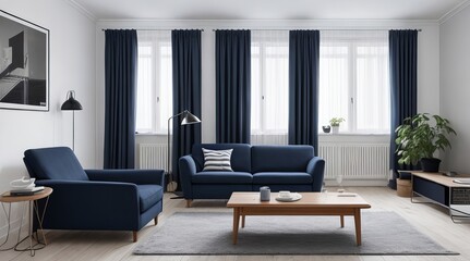 Scandinavian Style Modern Living Room Interior with Blue Furniture and White Walls