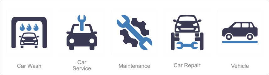 A set of 5 Car icons as car wash, car service, maintenance