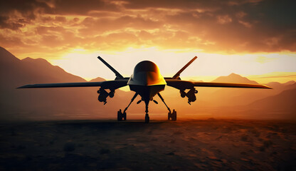 Unmanned military drone on patrol air territory at high altitude at sunset. UAV drone. Generative AI