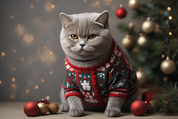 Cute cat in Christmas sweater on wooden floor near christmas tree - obrazy, fototapety, plakaty
