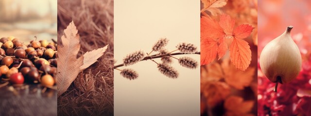 Autumn collage wallpaper of some gorgeous fall nature scenes. Autumn cozy mood. macro, wide panoramic banner