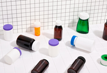 Medical jars with various pills and vitamins lay on the table. Traditional medicine concept.