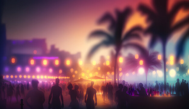 Party beach. Blurred people having night beach party in summer vacation. Bokeh People have fun at sunset on a beach. Concept of nightlife with cocktails and music entertainment. Generative AI