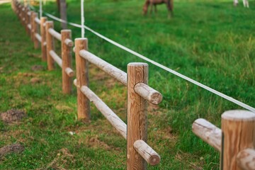Electric fence on the field protecting horses. Electric fence for livestock. Fence post with...