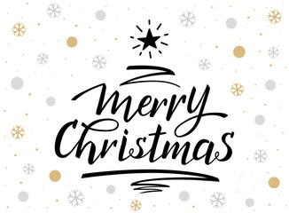 Merry Christmas hand Lettering greeting card with Christmas tree pen stroke and star. Modern brush ink calligraphy. Black text isolated on white with gold silver snowflakes and circles.