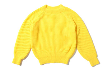 Stylish yellow knitted sweater isolated on white, top view