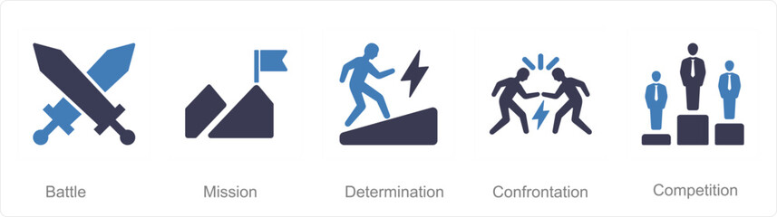 A set of 5 Challenge icons as battle, mission, determination