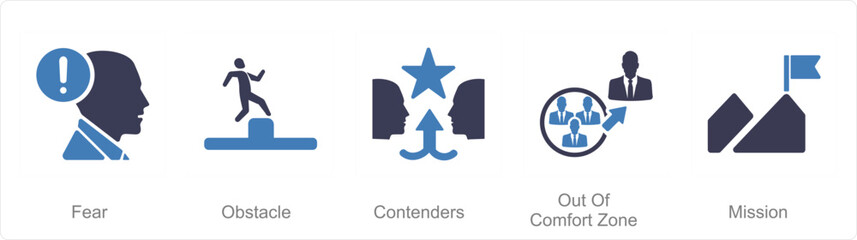 A set of 5 Challenge icons as fear, obstacle, contenders