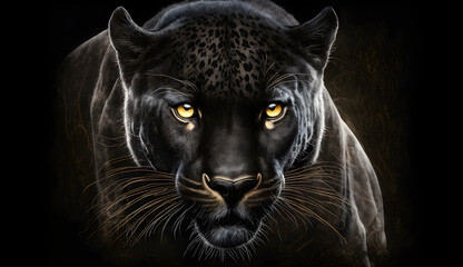 Front view of Panther on dark background. Predator series. digital art. Generative AI