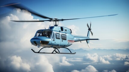 A blue-grey jet-powered helicopter hovering. High stratus clouds fill the sky with breaks showing blue skies  - obrazy, fototapety, plakaty