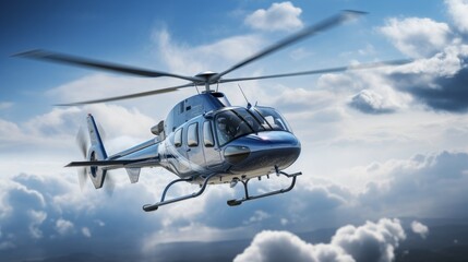 A blue-grey jet-powered helicopter hovering. High stratus clouds fill the sky with breaks showing blue skies 