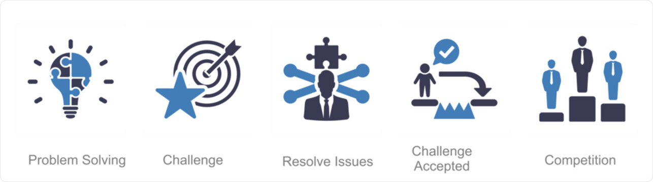 A set of 5 Challenge icons as problem solving, challenge, resolve issues