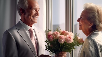 Elegant gekleideter Senior trifft sich mit einer älteren Dame und überreicht einen Blumenstrauß - obrazy, fototapety, plakaty