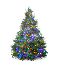 Beautiful Christmas tree with festive lights isolated on white