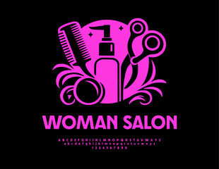 Vector Glamor Advertisement Woman Salon with  decoration Cosmetics. Trendy Pink Font. Stylish Modern Alphabet Letters and Numbers.