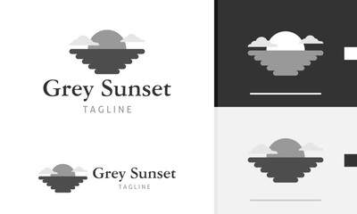 Logo design icon of geometric monochrome black white sunset sunrise sea ocean with sun and clouds