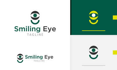 Logo design icon of geometric eye ball with smile line below showing happy face expression emotion