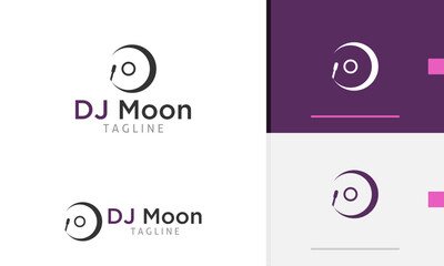 Logo design icon of crescent half moon with spinning circle dj cd disk vinyl music disco club studio