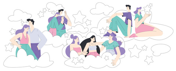 Dreaming People Characters with Their Head in Clouds Having Fancy Imagination Vector Illustration