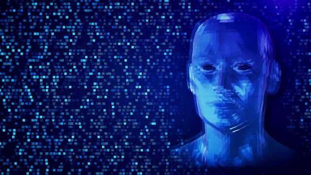 Human face abstract digital computing animation. 3D artificial intelligence. Big data cyber security metaverse. future technology Machine learning future AI tech, human fast robot revolution Concept