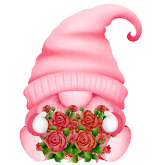 A pink gnome holding a bouquet of red roses. Watercolor cute Valentine gnome