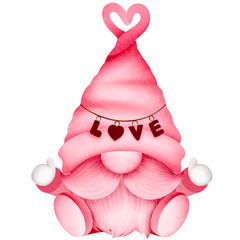 A pink gnome with a heart-shaped hat. Valentine's Day Digital Art of a Pink Gnome. 