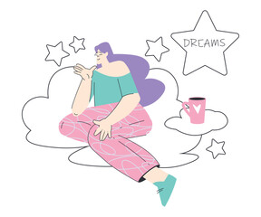 Dreaming Woman Character with Head in Cloud Having Fancy Imagination Vector Illustration