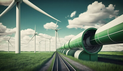 A hydrogen pipeline with wind turbines and in the background. Green hydrogen production concept. Generative AI - obrazy, fototapety, plakaty