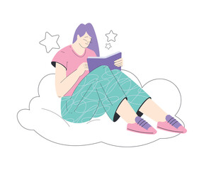 Dreaming Woman Character Sit on Cloud with Book Having Fancy Imagination Vector Illustration