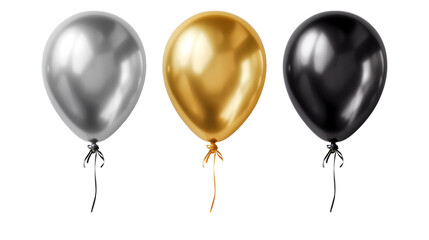 set of helium balloons (gold, black, silver) with ribbon isolated on white background - obrazy, fototapety, plakaty