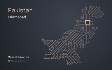 Pakistan Map with a capital of Islamabad Shown in a Microchip Pattern with processor. E-government. World Countries vector maps. - obrazy, fototapety, plakaty