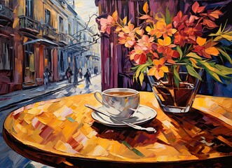 urban scenes and impressionism in a wall art poster, featuring a coffee cup on a balcony table against a mesmerizing sunset