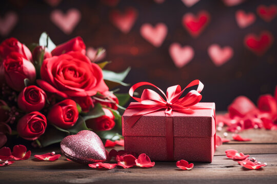 Romantic Valentine's Day, Gift and Roses Arrangement, selective focus
