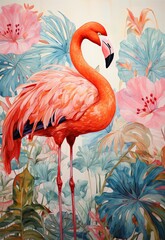 pink flamingo on a green tropical background with flowers and leaves