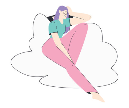 recommend clip art: Dreaming Woman Character with Head in Cloud Having Fancy Imagination Vector Illustration