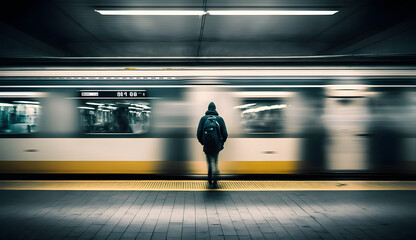 Long exposure of lonely man at subway station with blurry train and walking people. Generative AI