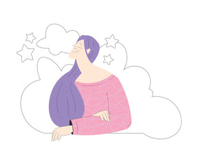 Dreaming Woman Character with Head in Cloud Having Fancy Imagination Vector Illustration