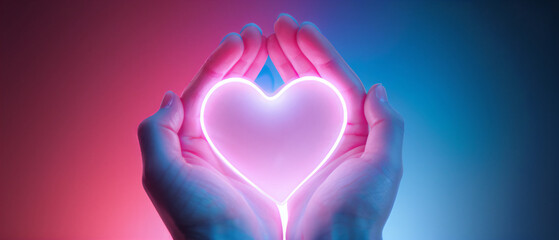 Hand holding glow pink heart on blue backgroud.