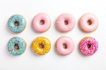 Colorful sweet donuts with sprinkles on white background