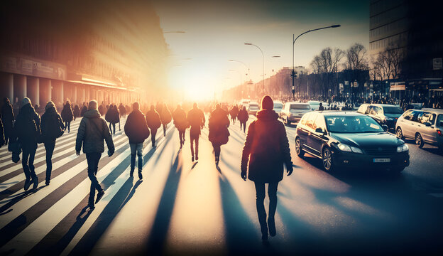 Lots of people walking around the city. Shot of cars and people in movement with motion blur. Blurred image, wide panoramic view of the road with people at sunset. Generative AI