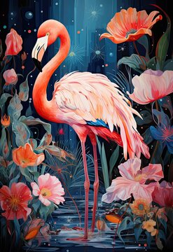 A serene wall art poster capturing the beauty of a pink flamingo in a tropical paradise, enhanced by green foliage and blossoming flowers