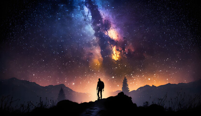 silhouette of a hiker looking at the milky way. Generative AI