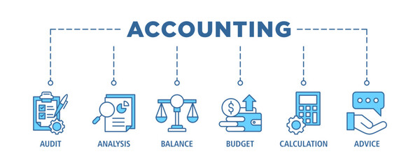 Accounting banner web icon set vector illustration concept for business and finance with an icon of the audit, analysis, balance, budget, calculation, and advice