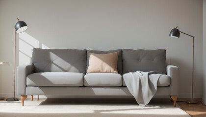 Gray sofa in simple living room interior.