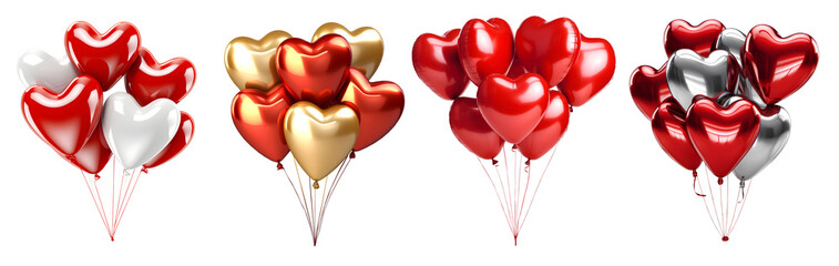 Collection set of heart love shape balloons in a bunch on transparent background cutout, PNG file. Mockup template artwork graphic design - obrazy, fototapety, plakaty